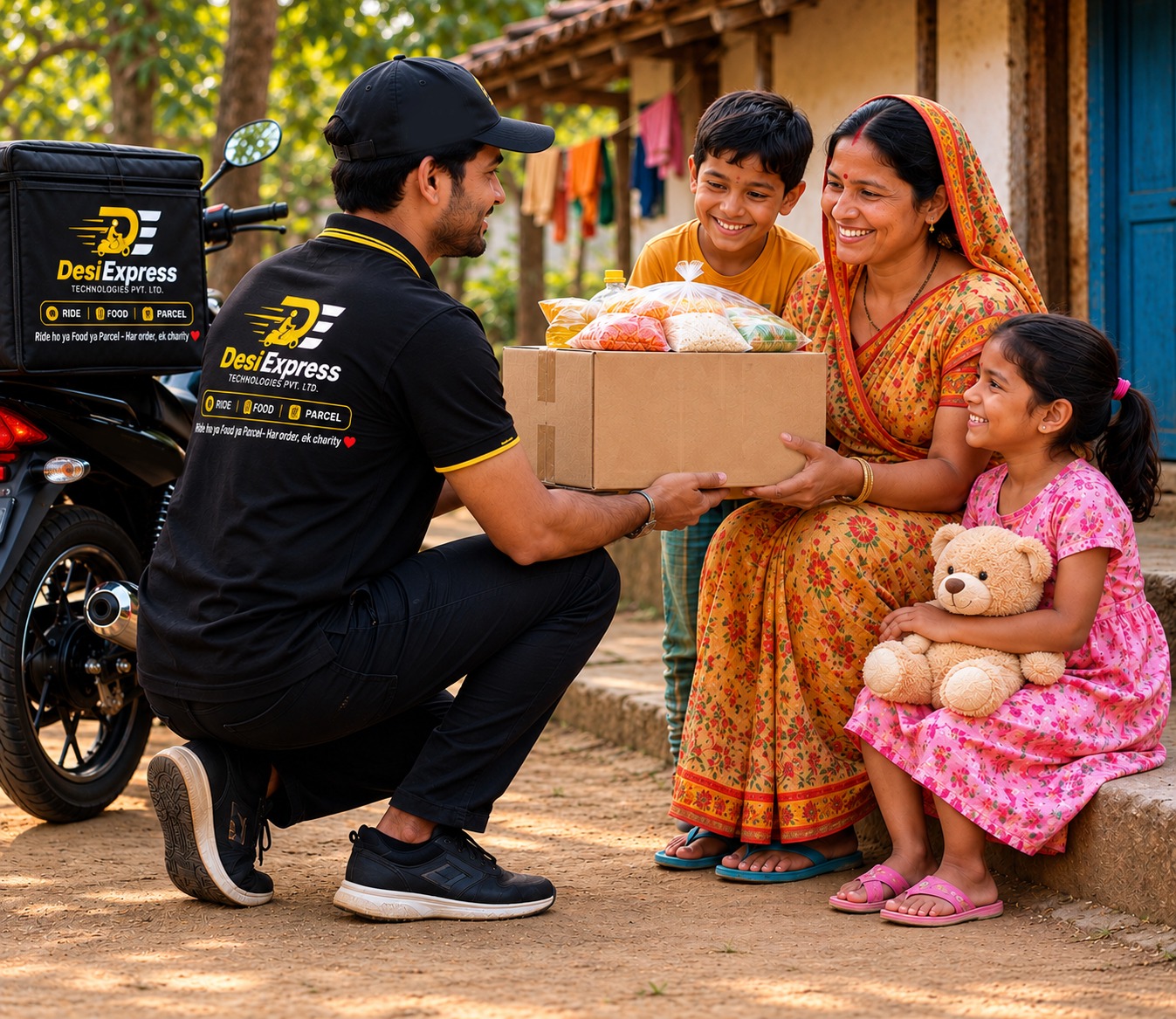 Desi Express rider delivering essentials to a family